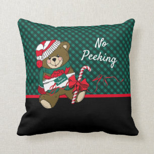 Christmas Bear No Peeking Green Plaid Personalized Throw Pillow
