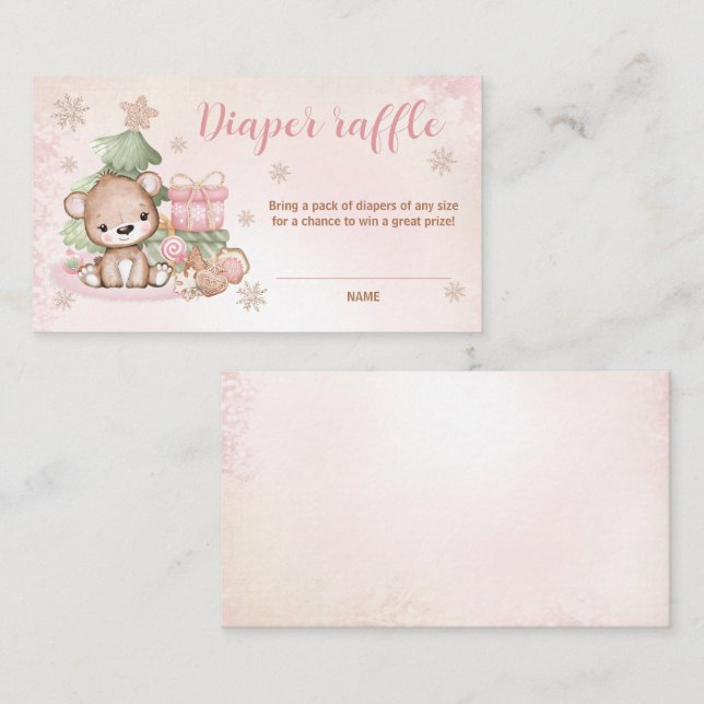 Christmas Bear Pink Baby Shower Diaper Raffle Card (Front/Back)