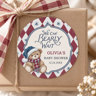Christmas Bear Preppy Boy Baby Shower Classic Round Sticker