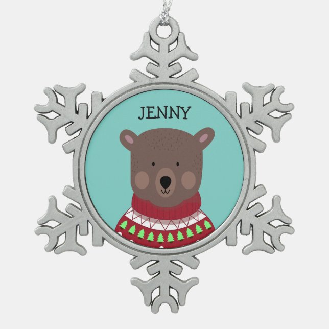 Christmas Bear Snowflake Pewter Christmas Ornament (Front)