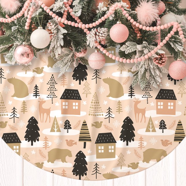 Christmas Bear Village Pink Black Gold Modern Brushed Polyester Tree Skirt (Creator Uploaded)