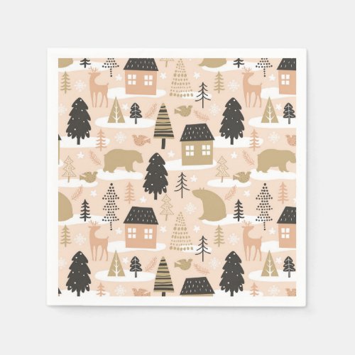 Christmas Bear Village Pink Black Gold Modern Napkins