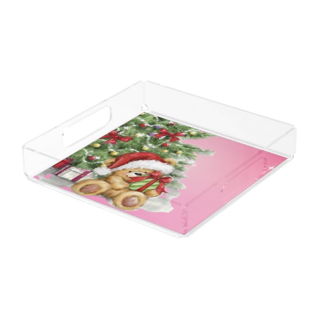 Christmas Bear with Present and Tree Decoration Acrylic Tray (Angled)