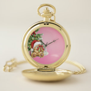 Christmas Bear with Present and Tree Decoration Pocket Watch