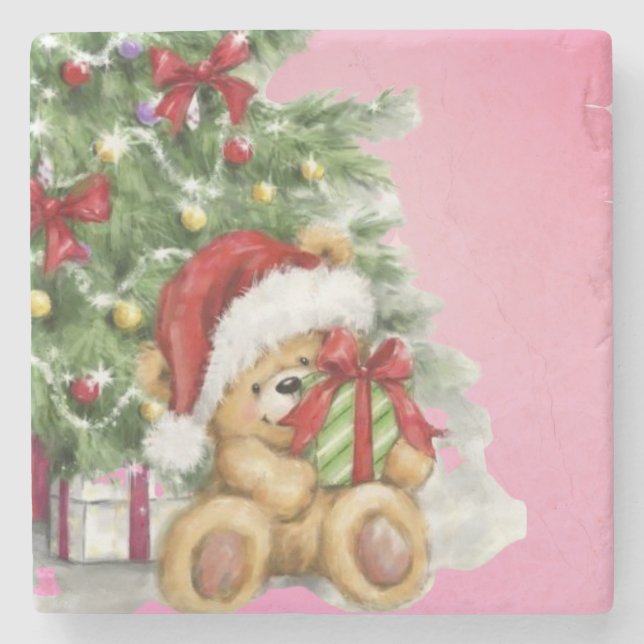 Christmas Bear with Present and Tree Decoration Stone Coaster (Front)