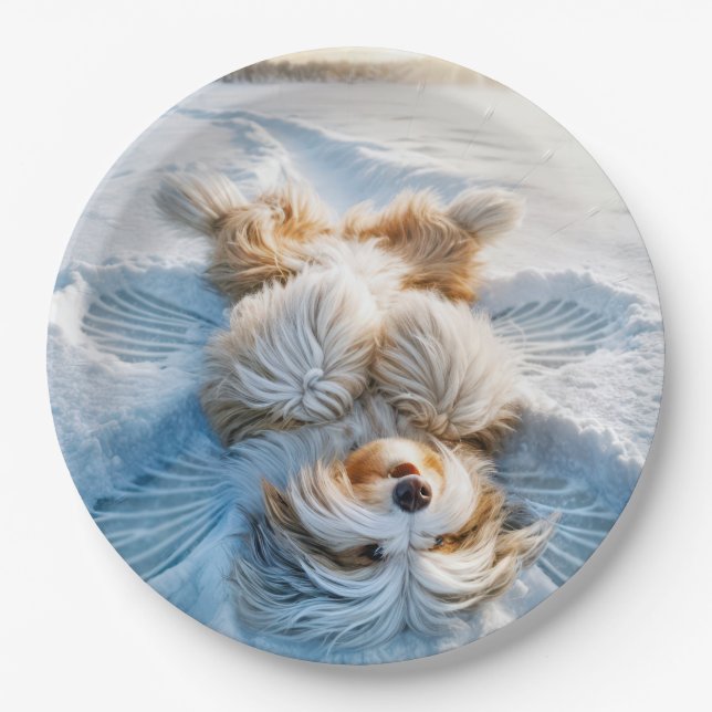 Christmas Bearded Collie Snow Angel Paper Plates (Front)