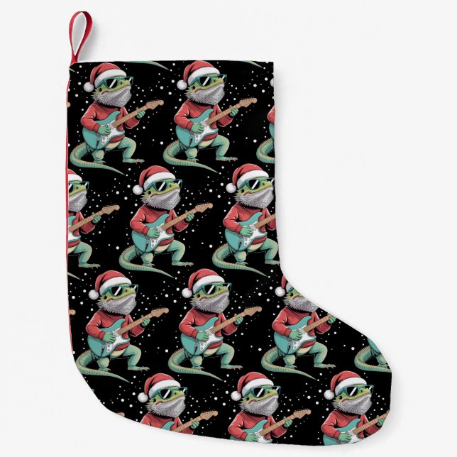 Christmas Bearded Dragon Playing Guitar Musician  Small Christmas Stocking (Front)