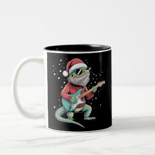 Christmas Bearded Dragon Playing Guitar Musician  Two-Tone Coffee Mug