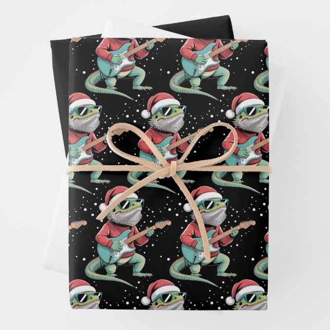 Christmas Bearded Dragon Playing Guitar Musician  Wrapping Paper Sheets (In situ)