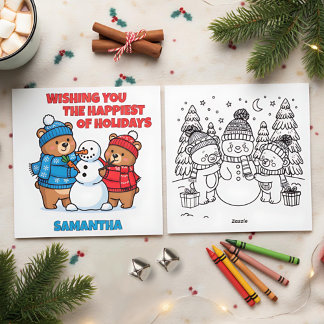 Christmas Bears Building A Snowman Color Me Holiday Card