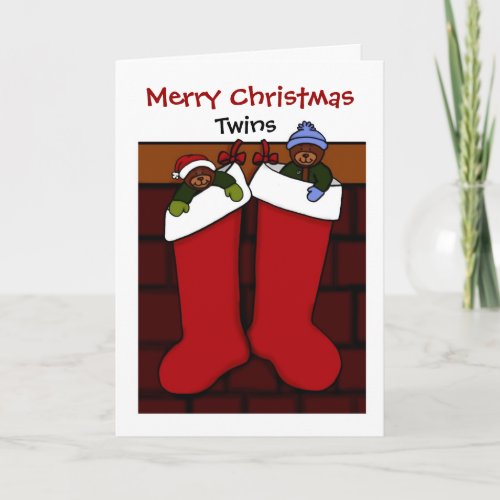 Christmas bears in stockings twins holiday card