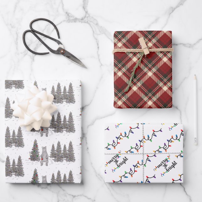 Christmas Bears, Red Plaid and Christmas Lights  Wrapping Paper Sheets (Front)