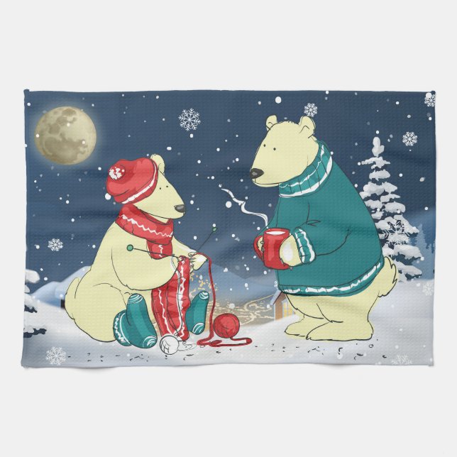 Christmas Bears Winter Snow Holiday Scene Kitchen Towel (Horizontal)