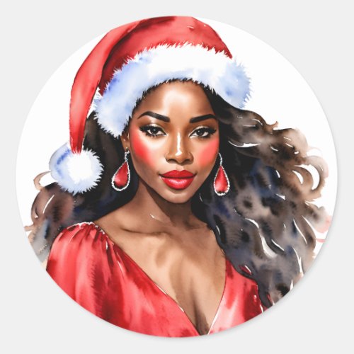 Christmas Beautiful Black Woman Santa Hat Classic Round Sticker