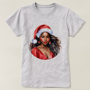 Christmas Beautiful Black Woman Santa Hat T-Shirt