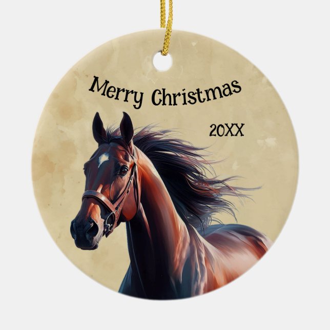 Christmas Beautiful Brown Horse  Ceramic Ornament (Front)
