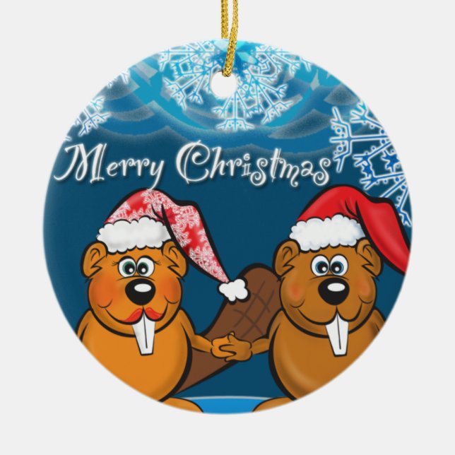 christmas beavers ceramic ornament (Front)