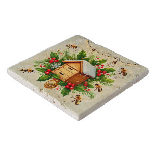 Christmas Bee Decorative Trivet on Travertine