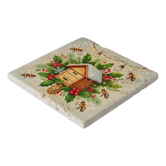 Christmas Bee Decorative Trivet on Travertine (Corner)