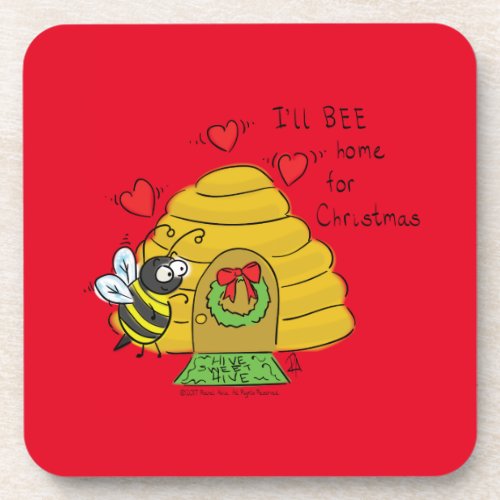 Christmas Bee Funny Holiday Cartoon Beverage Coaster