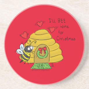 Christmas Bee Funny Holiday Cartoon Coaster