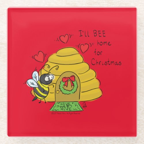 Christmas Bee Funny Holiday Cartoon Glass Coaster