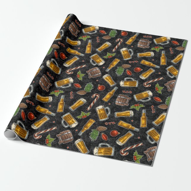 Christmas Beer Black Wrapping Paper (Unrolled)