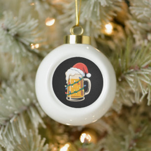 Christmas Beer Mug Santa Hat Lights Holiday Xmas Ceramic Ball Christmas Ornament