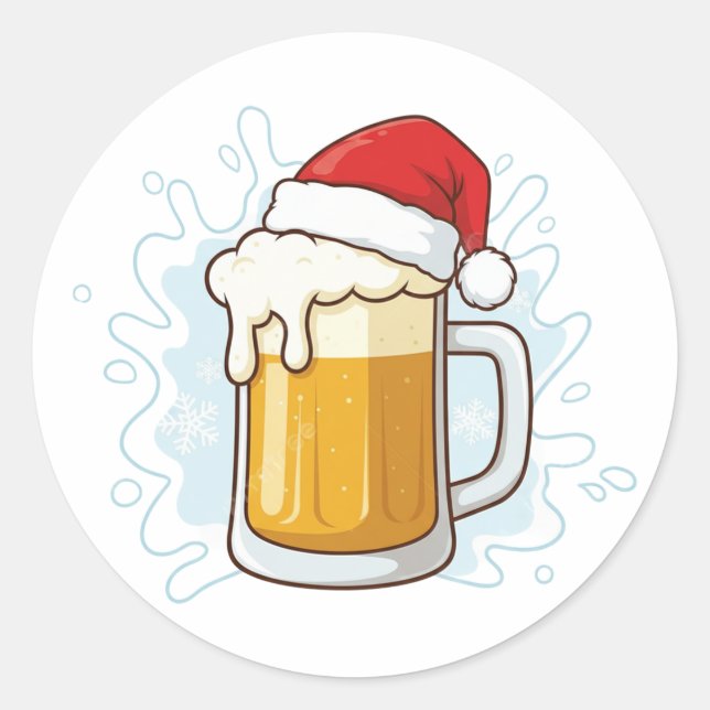 Christmas Beer Mug with Santa Hat Funny Holiday Classic Round Sticker (Front)
