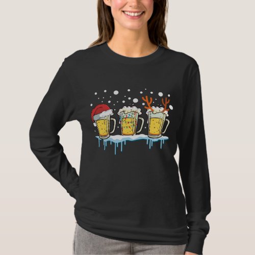 Christmas Beer Mugs Santa Hat Xmas Lights Reinbeer T_Shirt