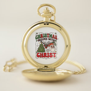 Christmas Begins Christ Santa Claus Tree Snowflake Pocket Watch