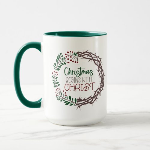 CHRISTMAS BEGINS W CHRIST Scripture Wreath Green Mug