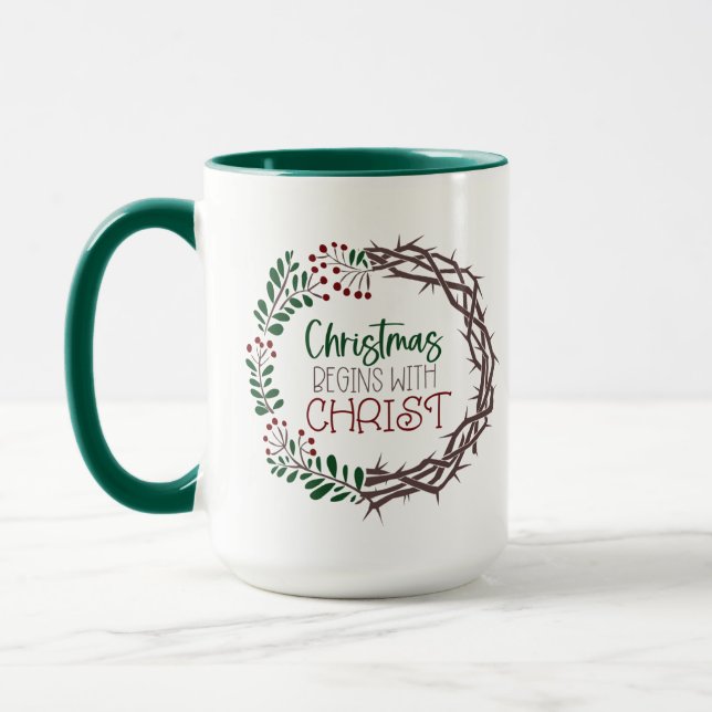 CHRISTMAS BEGINS W/ CHRIST Scripture Wreath Green Mug (Left)