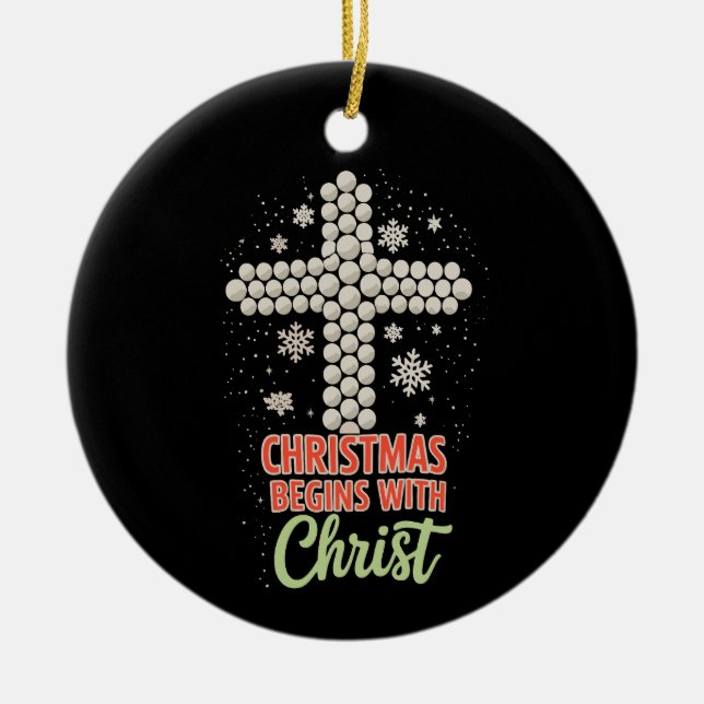 Christmas Begins With Christ Christian Snow Xmas Ceramic Ornament (Front)