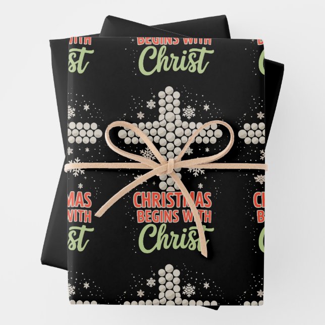 Christmas Begins With Christ Christian Snow Xmas Wrapping Paper Sheets (In situ)