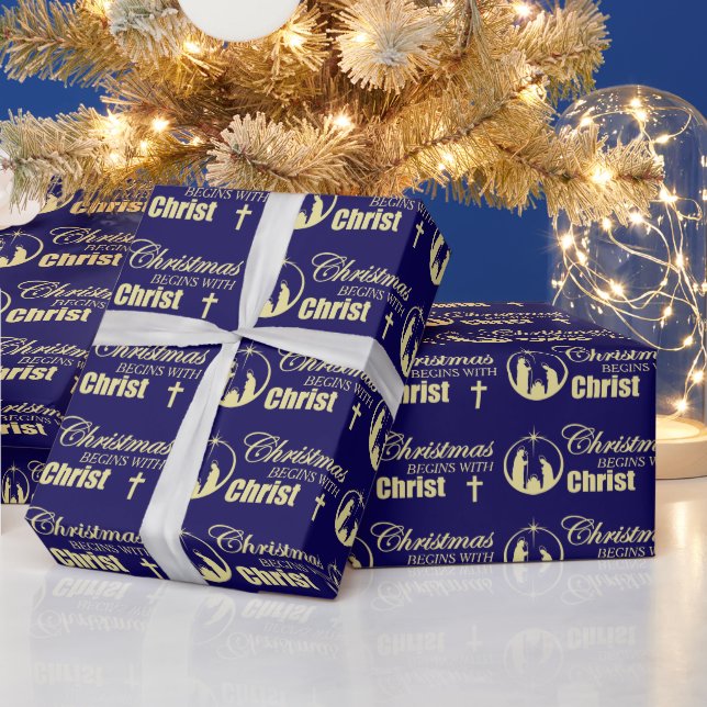 Christmas Begins with Christ on Blue Wrapping Paper (Holidays)