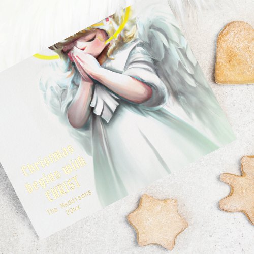 Christmas begins with Christ Praying Angel Foil Holiday Postcard