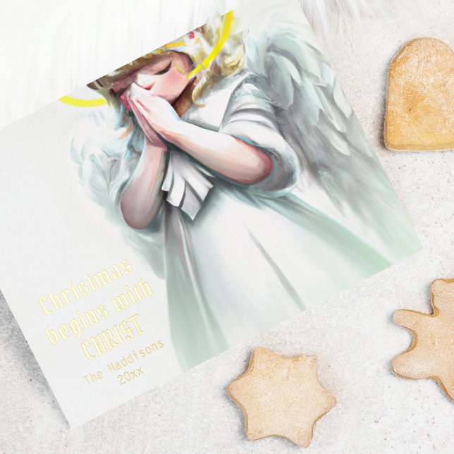 Christmas begins with Christ Praying Angel Foil Holiday Postcard (Creator Uploaded)