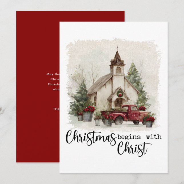 Christmas Begins With Christ Rustic Red Truck Holiday Card (Front/Back)