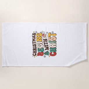 Christmas Begins With Christ Santa Tree Design Beach Towel