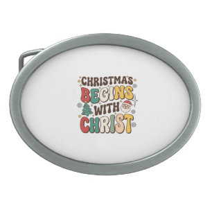 Christmas Begins With Christ Santa Tree Design Belt Buckle