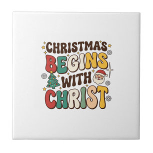 Christmas Begins With Christ Santa Tree Design Ceramic Tile
