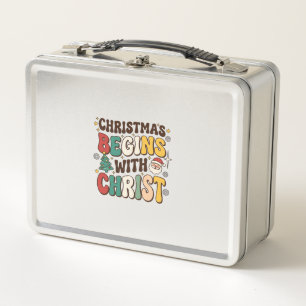 Christmas Begins With Christ Santa Tree Design Metal Lunch Box