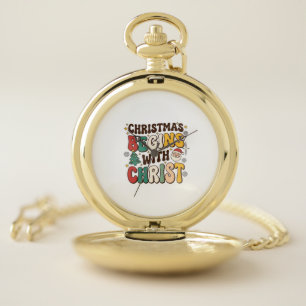 Christmas Begins With Christ Santa Tree Design Pocket Watch