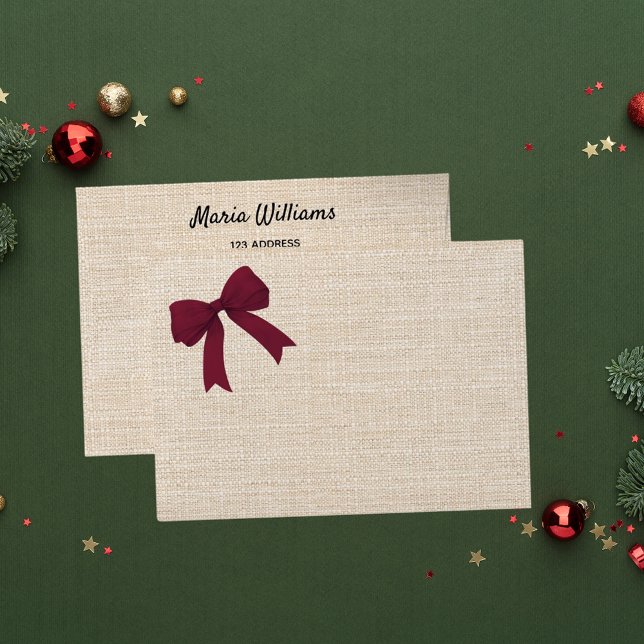 Christmas beige burlap burgundy bow return address envelope (Creator Uploaded)