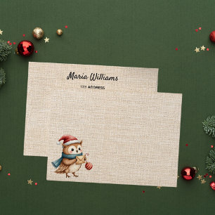 Christmas beige burlap cute owl return address envelope