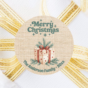 Christmas beige burlap gift box classic round sticker