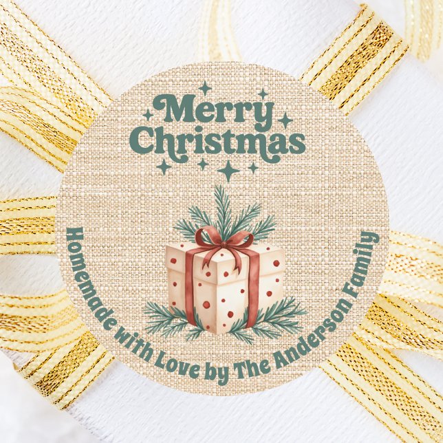 Christmas beige burlap gift box homemade classic round sticker (Creator Uploaded)