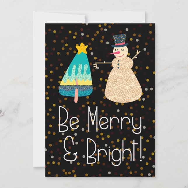 Christmas Beige Cheerful Snowman Tree Holiday Card (Front)