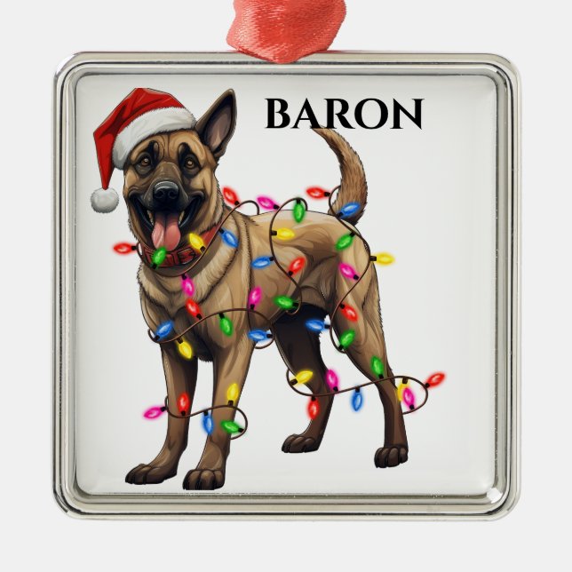CHRISTMAS BELGIAN MALINOIS DOG LIGHTS METAL ORNAMENT (Front)